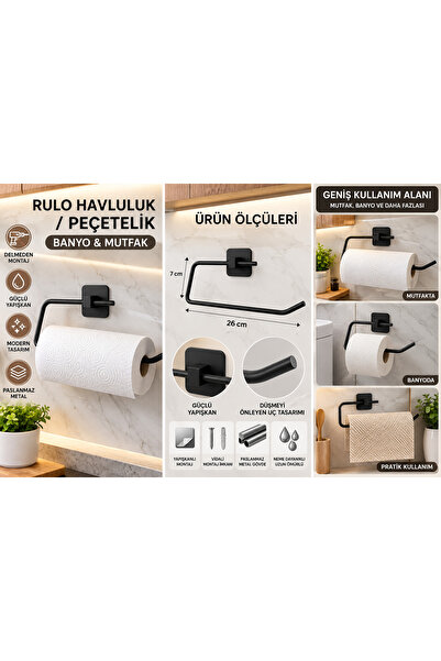 KapKacakAl Siyah Yapışkanlı Rulo Havluluk Peçetelik  Banyo Mutfak Askısı
