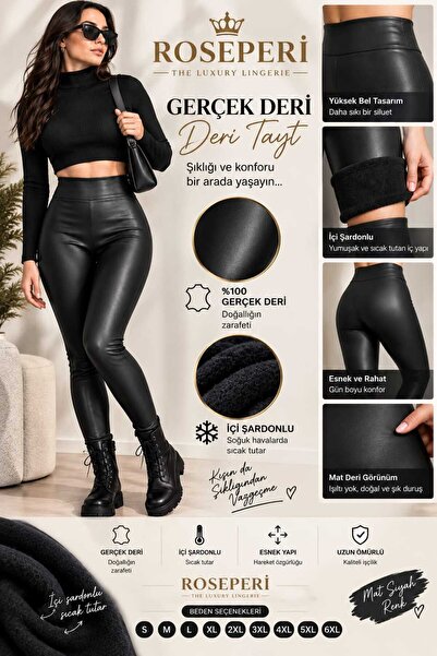 ROSEPERİ Leather Leggings Women's High Waist Matte Leather Leggings Black Shi...