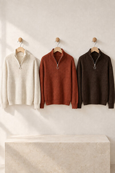 OTAKU 3-Pack Men's Stand Collar Long Sleeve Zippered Knit Sweater