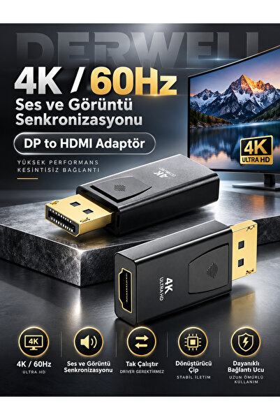 Derwell 4k Full Hd Adaptör Displayport To Hdmı Adaptor Çevirici Dönüştürücü A...