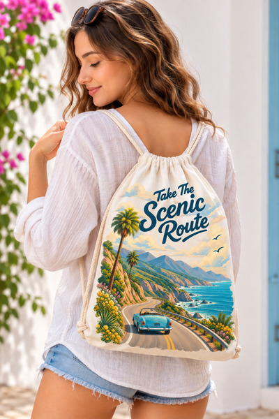 KRAFTELLA Printed Fabric Backpack – Linen Fabric Drawstring Backpack – Casual...