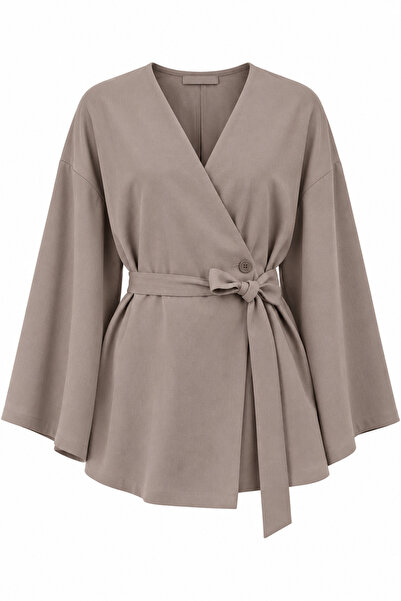 Laluvia Sütlü Kahve Düğme Detaylı Kemerli Kimono - 005