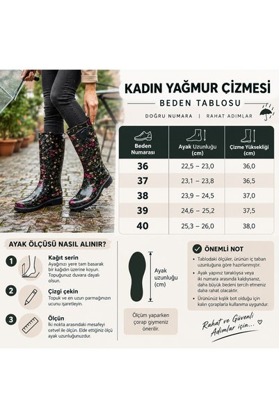 MUHDAMAD Women's Floral Patterned Rain Boots Black Waterproof Non-Slip Sole Medium Size