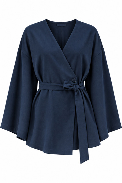 Laluvia Navy Blue Cotton Button Detailed Belted Linen Kimono