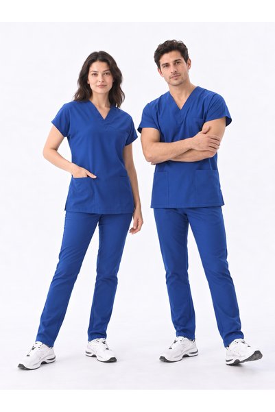 YAKA UNİFORM Classic -Saks Mavi Yeşili Likralı Üniforma Takım Scrubs