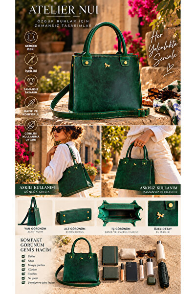 Dragonfly Tote Bag  / Sınırlı Stok Yusufçuk Temalı Yeşil Hakiki Deri El ve Omuz Çantası