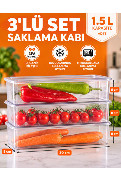 ray plastik 3 Adet Şeffaf Kapaklı Saklama Kabı 1,5 LT.