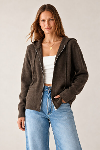 LOOSH Kadın Kahve Fermuarlı Kapüşonlu Oversize Sweatshirt