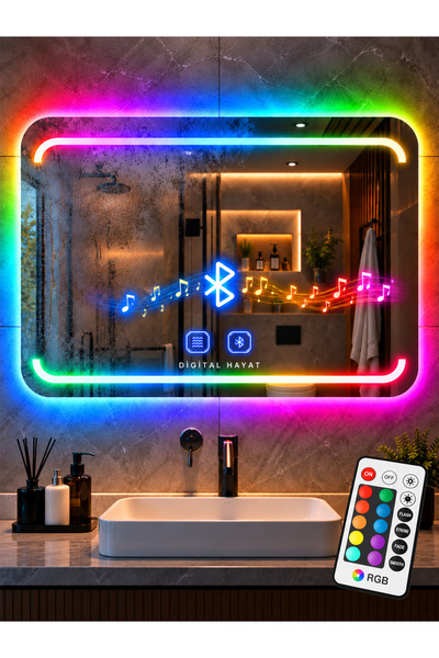 Digital Hayat Özel Tasarım Dikdörtgen LED Banyo Aynası – Bluetooth Hoparlörlü...