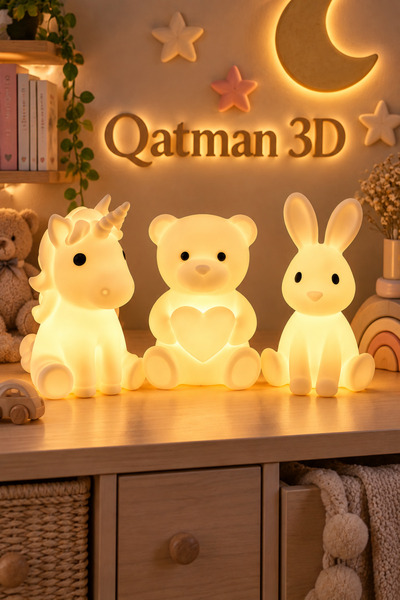 Qatman3d 3'lü LED Tealight Mumluk Seti Unicorn Ayıcık Tavşan Çocuk Odası Deko...