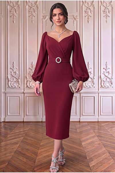 ALFUDO Moda Collection Kruvaze Yaka Balon Kol Kemerli Tokalı Midi Boy Abiye M...