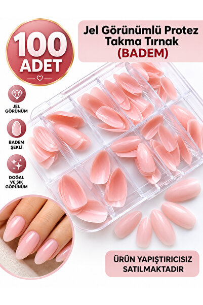 BİYUTREND 100 Adet Pembe Jel Görnümlü Protez Etkli Badem Takma Tırnak (ÜRÜN Y...