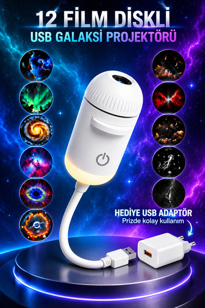 Ayers 11+1 Disk Usb Galaksi Yıldızlı Gökyüzü Projeksiyon Gece Lambası, USB Es...