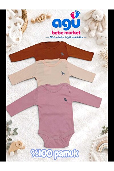 3'lü Uzun Kollu Bebek Zıbın Seti %100 Pamuk Çıtçıtlı Bebek Body Badi Takımı (Tarçın, Somon, Pembe)