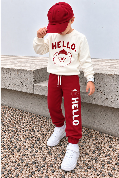 zepkids Erkek Çocuk Eşofman Takımı HELLO Ayıcık Baskılı Sweatshirt Kırmızı Sp...