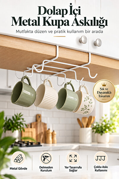 UG Home Beyaz Metal 10 Kancalı Fincan Kupa Bardak Askısı Dolap İçi Kancalı Ba...