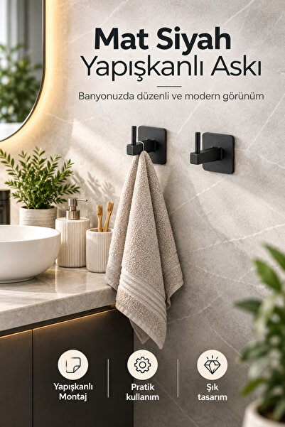 UG Home Siyah Kare Yapışkanlı Tekli Kanca 2Li Set Bornoz Banyo Askısı