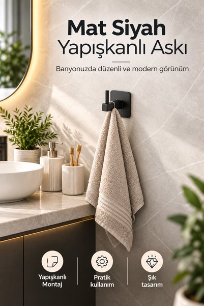 UG Home Siyah Kare Yapışkanlı Tekli Kanca Bornoz Banyo Askısı Yapışkanlı Askılık