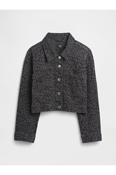 GAP Kız Çocuk Siyah Boxy Leopar Ceket