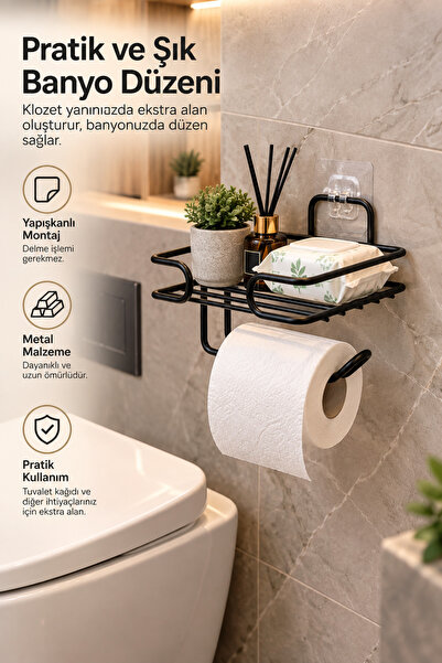 Yapışkanlı Yedekli Tuvalet Kağıtlığı Wc Tuvalet Kağıdı Askısı Tutucu Mat Siyah