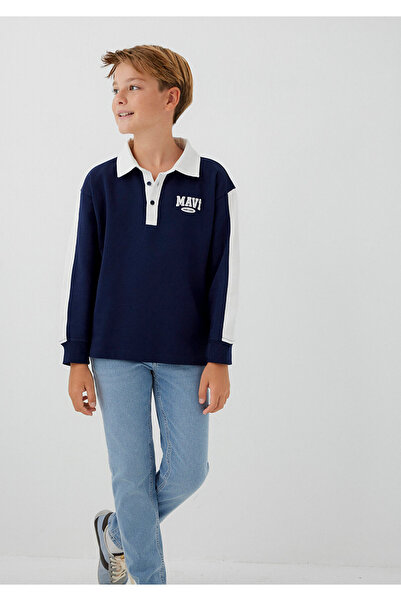 Mavi Logo Printed Navy Blue Polo Sweatshirt 6S10185-84371