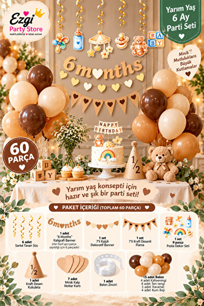 Ezgi Party Store 60 Parça Yarım Yaş 6 Ay Parti Seti 15 Balonlu 6 Months Banne...