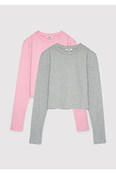 Mavi 2li Uzun Kollu Crop Basic Tişört Fitted / Vücuda Oturan Kesim 1613021-71014