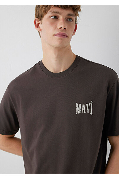 Mavi Logo Baskılı Kahverengi Tişört Loose Fit / Bol Rahat Kesim 0613579-70219