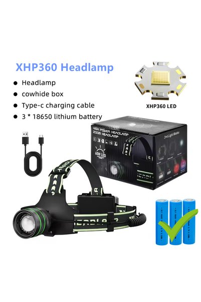 Choice1 مصباح أمامي أسود GJ-XHP360 مزود ببطارية 18650 فائقة السطوع XHP360 بـ ...