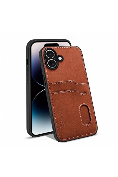 Zebana Apple iPhone 16 Plus Uyumlu Kılıf Zebana Kartlıklı Lüx Deri Kılıf Kahv...
