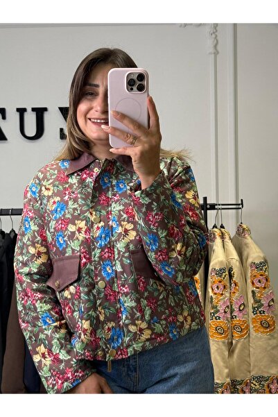 luzuze سترة نسائية مزينة بنقشة زهور وسحاب أمامي