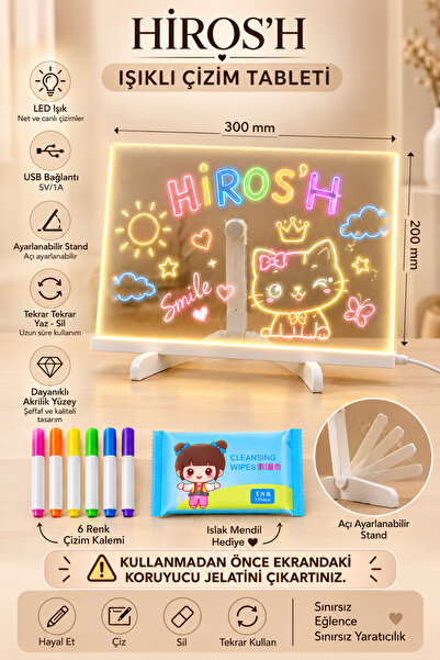 HİROS'H Büyük Boy Led Işıklı Çizim Tahtası 200*300 7 Kalemli Silme Mendili He...
