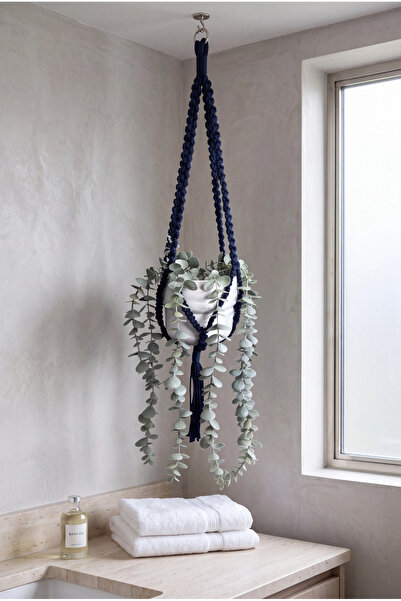 Love Macrame Makrome Saksı Askısı Prusya Mavisi El Yapımı %100 Pamuk Bohem Ta...