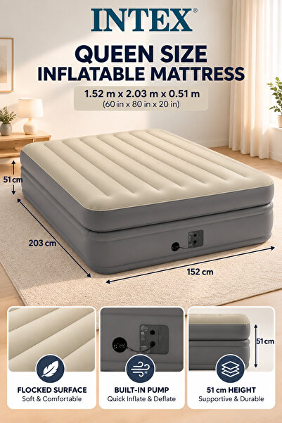 Intex Queen Size Inflatable Mattress Grey 1.52 x 2.03 x 0.51meter