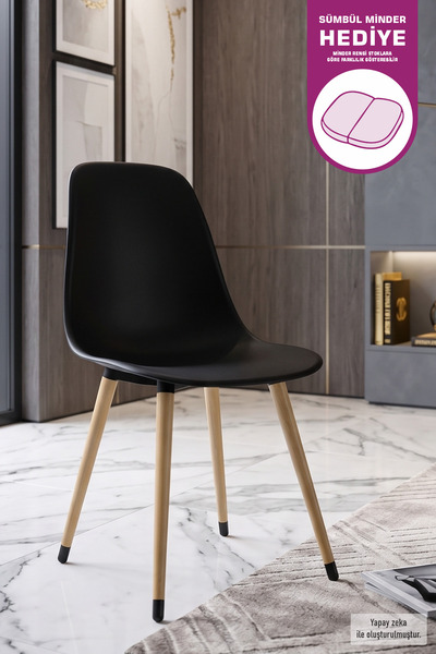 VİLİNZE Eames Naturel Ahşap Ayak Plastik Siyah Sandalye