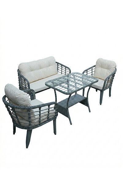 Tu Tienda KARTEPE ALÜMİNYUM 2 1 1 RATTAN BAHÇE BALKON TAKIMI,GRİ RATTAN/KREM KUMAŞ