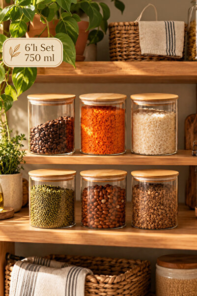 Porsima 1-3 Bambu Vakumlu Kapaklı Yuvarlak Borosilikat Cam 6lı Kavanoz Seti S...