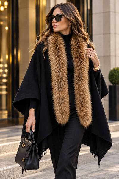 Axesoire 11387 Siyah-camel Yumuşak Dokulu Panço