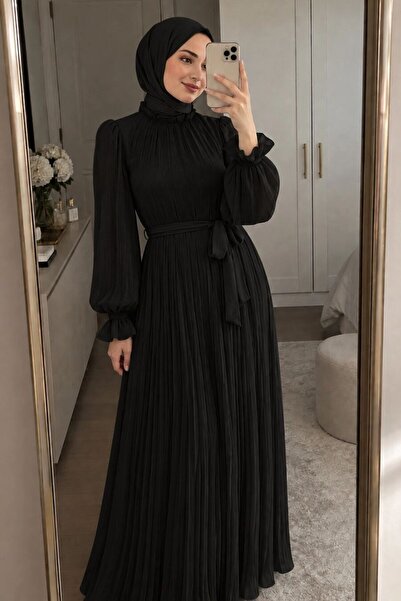 N.S NEVA STYLE فستان سهرة أسود مطوي بياقة مربوطة 79851S