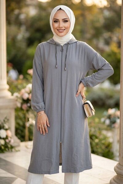 Neva Style Hooded Zippered Gray Strawberry Fabric Hijab Cap 15493Gr