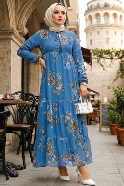 Neva Style Floral Patterned Indigo Blue Hijab Dress 22052IM