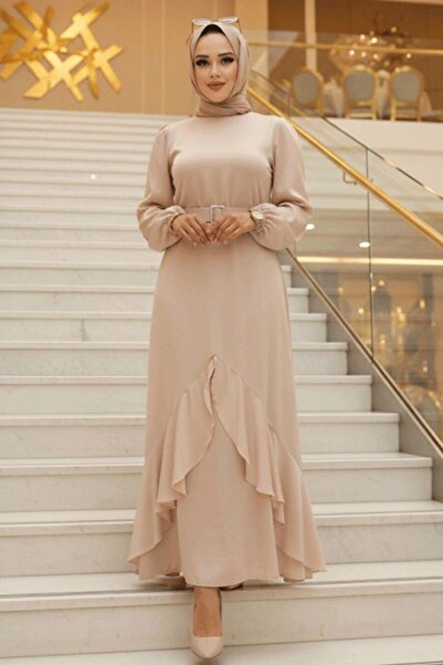 Neva Style Flounce Beige Hijab Evening Dress 4566Bej