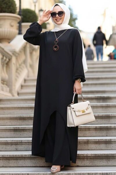 N.S NEVA STYLE Asymmetrical Detailed Black Hijab Double Suit 76321S