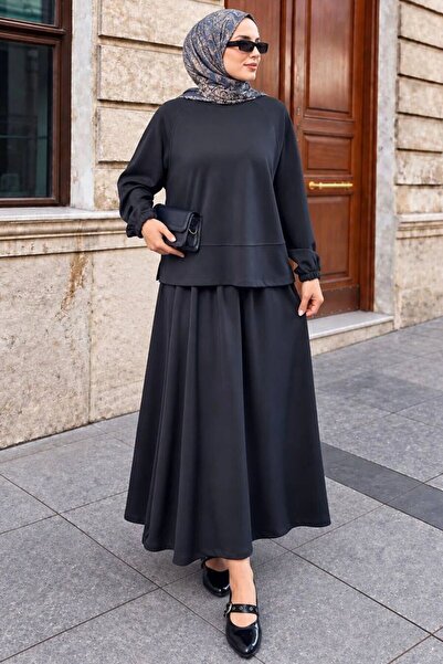 Neva Style Dikiş Detaylı Oysho Kumaş Antrasit Tesettür Etekli Takım 3011ANT