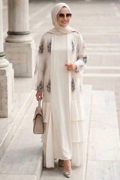 Neva Style Nakışlı Güpür Krem Fırfırlı Tesettür Abaya 63262KR