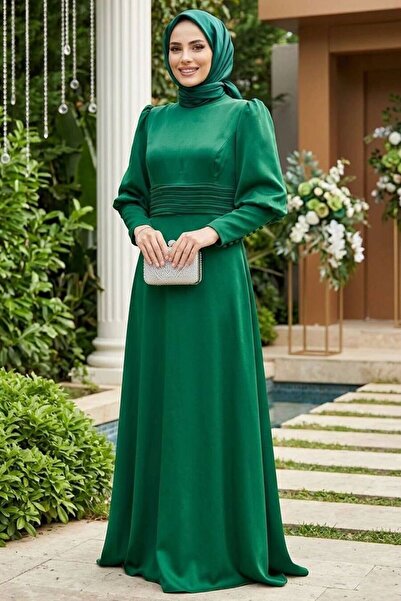 Neva Style Satin Green Hijab Evening Dress 4171Y