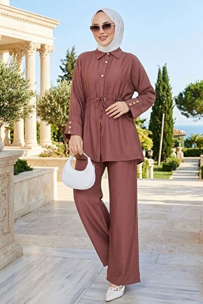 N.S NEVA STYLE Buttoned Dusty Rose Hijab Double Set 8275Gk