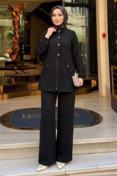 Neva Style Buttoned Black Islamic Clothing Set with Cover Pocket 1369S