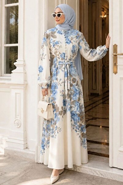 N.S NEVA STYLE Floral Patterned Blue Hijab Dress with Button Detail 5339m