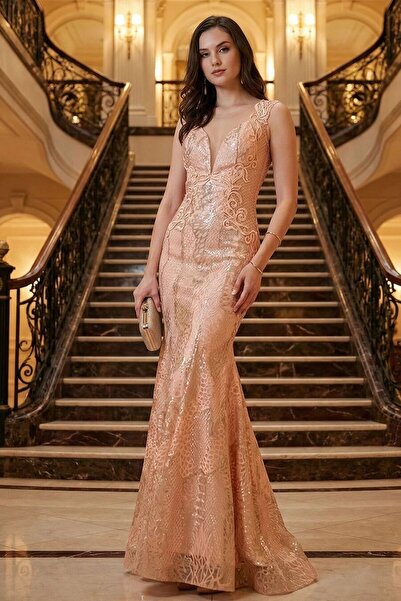 Neva Style Dantel Detaylı Somon Abiye Elbise 7555SMN